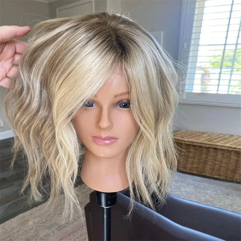 Blonde Bob Wig Dirty Ashy Highlights High Heat Fibre Synthetic Lace Front Wigs Dark Roots Short WAvy Cosplay Wig for Women synthetic human hair wig