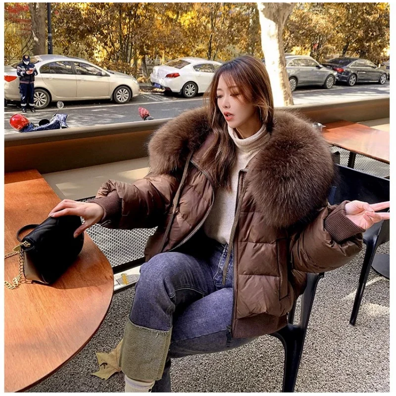 Women Thickened Short Coats Winter Oversized Raccoon Fur Collar White Duck Down Jackets Hooded 2023 Loose Street Trendy Clothing