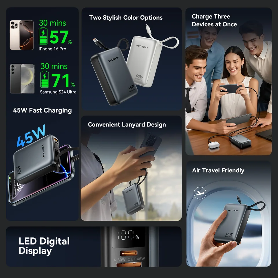 VENTION Mini Power Bank 4800mAh 22.5W Con Cavi Integrati Type-C E Lightning, Display LED (Rosa)