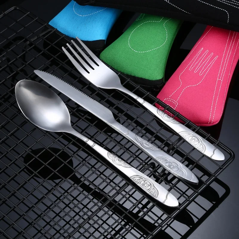 4Pcs Set Dinnerware Portable Knifes Fork Spoon Chopsticks Stainless Steel Family Camping Steak Cutlery Tableware with Bag
