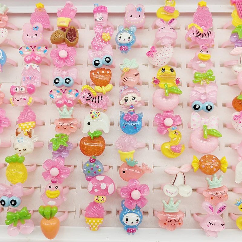50/100pcs/Lot Factory Mix Style Lovely Child Finger Rings for Children Open Adjust Design Resin Apple Cute Rabbit Ice Cream Kids 3