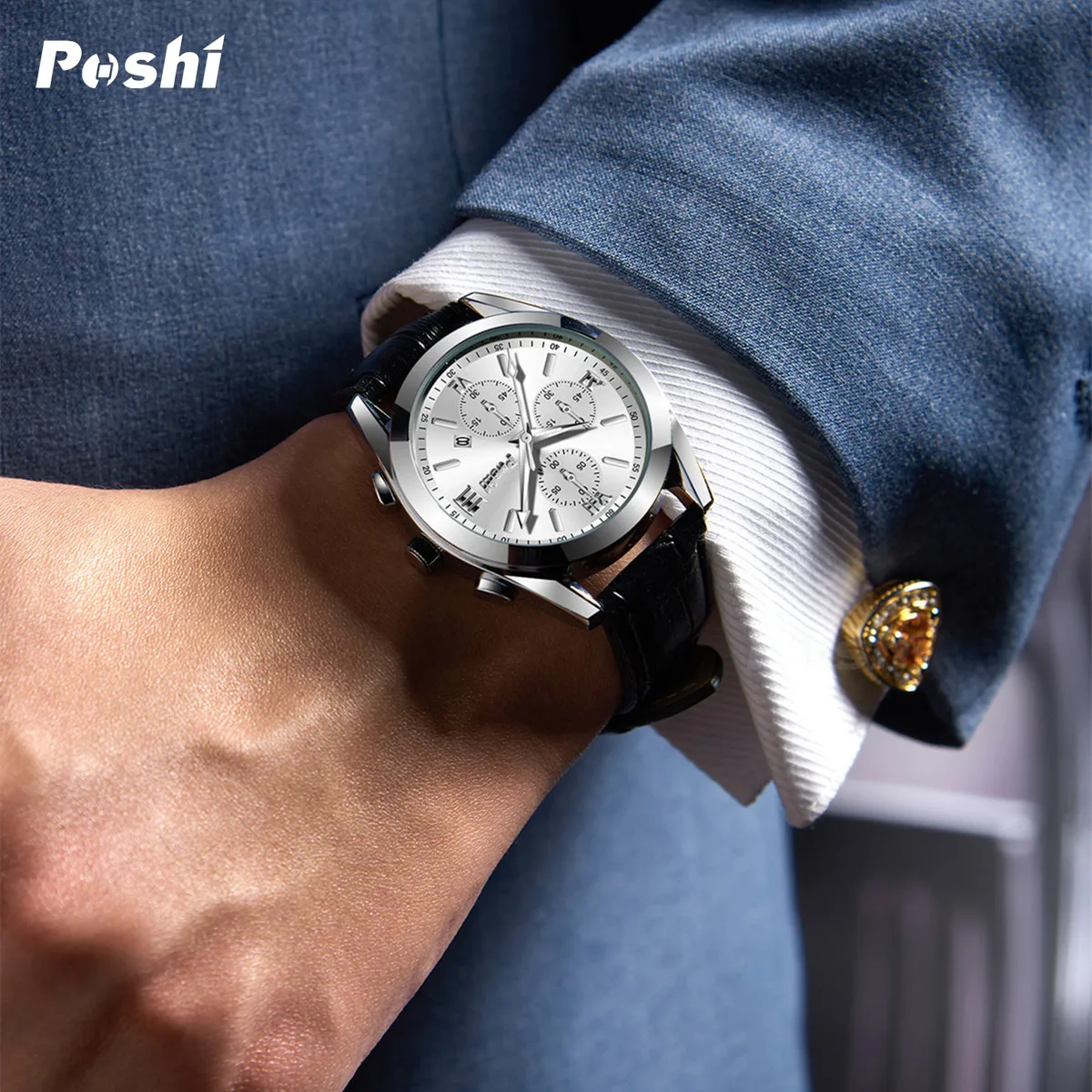 POSHI 926 Men Luxury Stainless Steel Quartz Wristwatches Alloy Strap Dial Round Dials Business Men's Wristwatch for Man