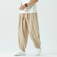 2024 Summer New Style Chinese Japanese Plus Size Men's Cotton Linen Loose Fit Casual Pants Cropped Pants Factory Wholesale