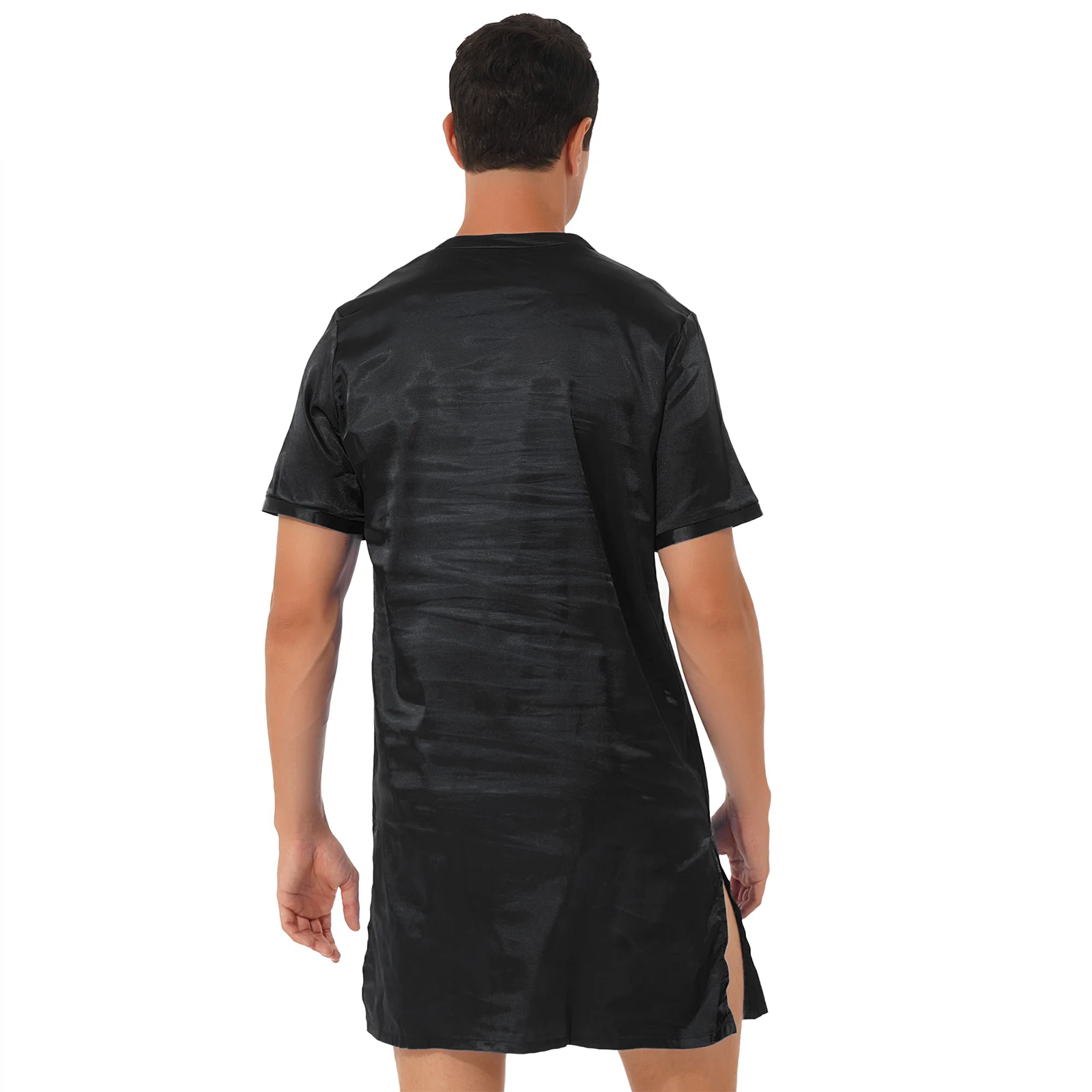 2023 Men Women Satin Nightgown Sleep Robes Summer Short Sleeve V Neck Sides Split Sleepwear Nightclothes Homewear Nightwear New