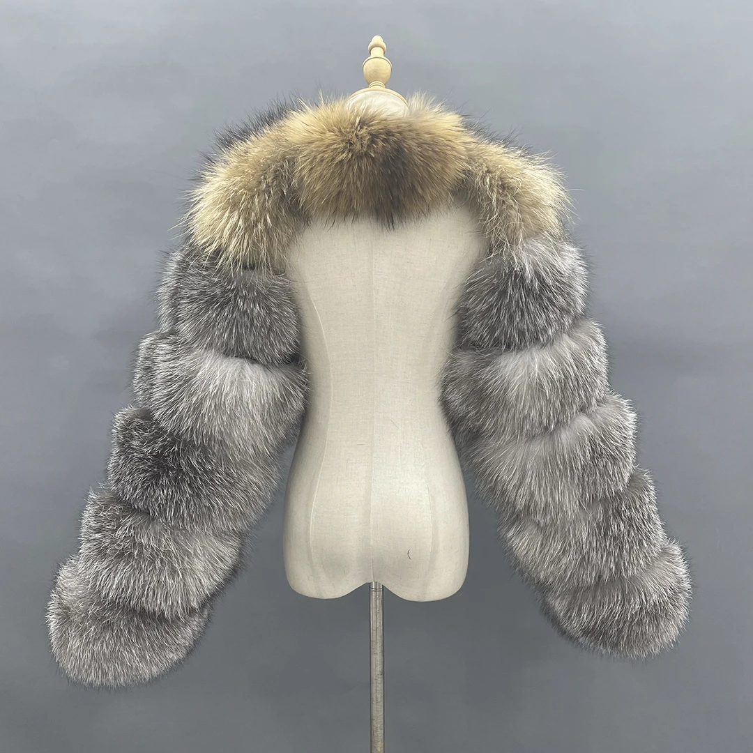 MISSJANEFUR 2022 New Fur Coat Women Cropped Luxury Real Silver Fox Fur Jacket Fashion Warm Custom Natural Raccoon Fur Winter