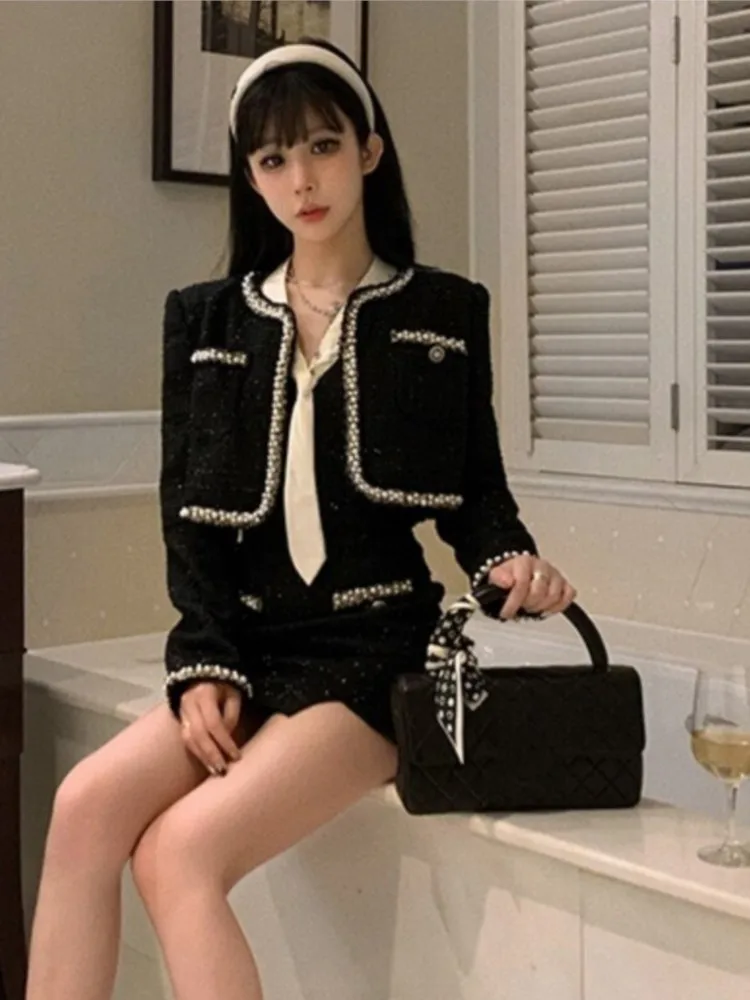 Elegant Vintage 2 Piece Set Black Suit Short Jacket Sexy Spaghetti Strap Mini Dress Spring Autumn