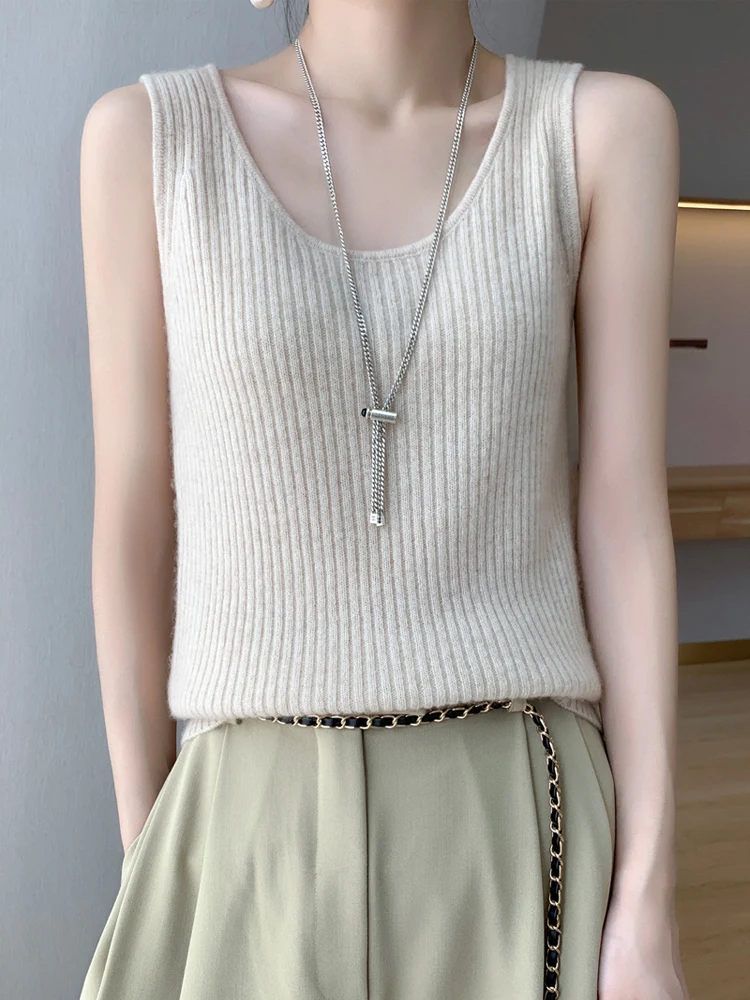 

100% Cashmere Camisole Women U-neck Vest Spring Summer Basic Casual Pure Color Sleeveless Pullover Knitted Sweater Korean Tops