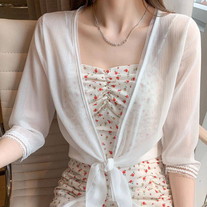 

Short Sun Protection Clothing for Women Solid Chiffon Shirt Cardigan Summer Shawl Thin Coat Camisole Blouse Top Dropshipping