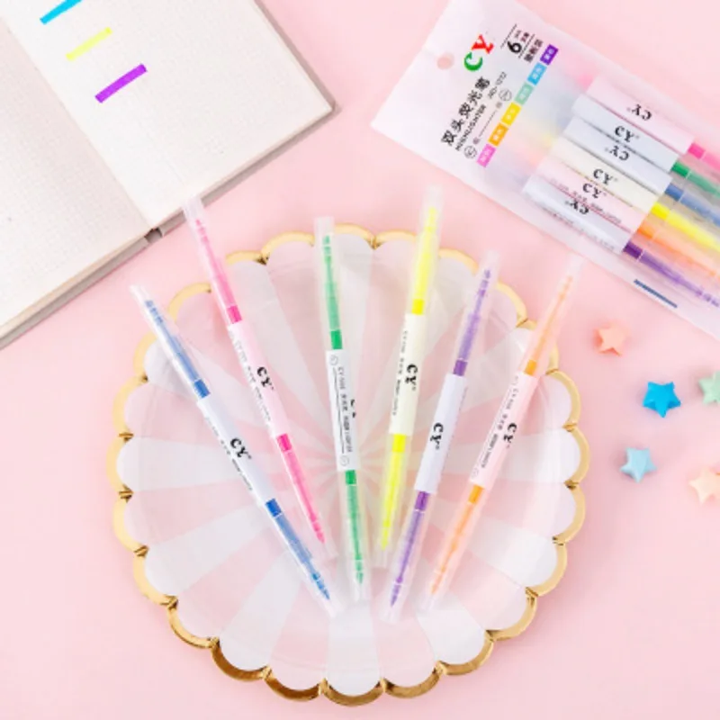 6 Colors/Set Double Headed Highlighter Markers Pens Stationery Office School Supplies highlighter marker,highlighter pen,marker pen