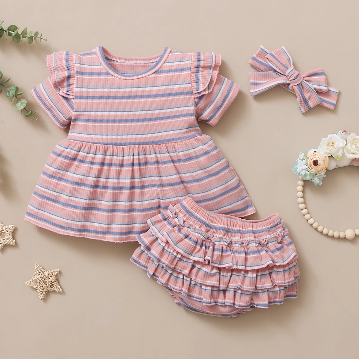 여아용 수평 줄무늬 반팔 프릴 블라우스, 다층 레이스 반바지 슈트, 3 색