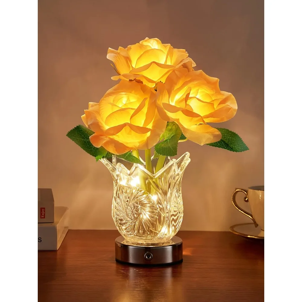 

Flower Lamp , Dimmable Table Lamp Rose Lamp, Rechargeable Cordless Lamp, Artificial with Glass Vase,