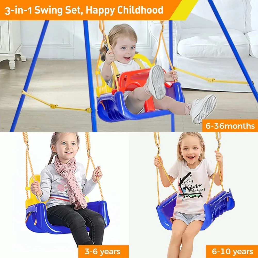 3-in-1 Toddler Swing Set with 4 Sandbags, Indoor/Outdoor Baby Swing with Foldable Metal Stand, Kids Swing Set Clear Instructions 4