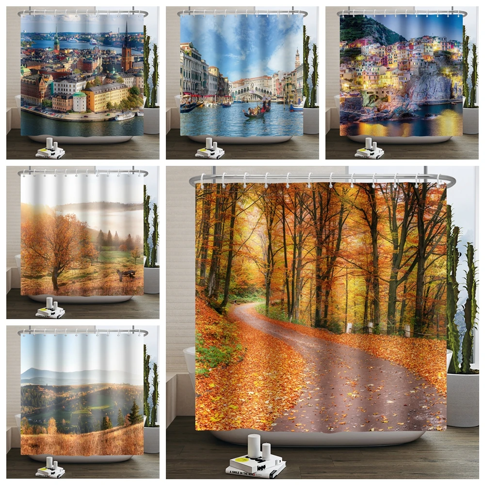 Boulevard Scenery Shower Curtain 3D Printing Scenic Spots Polyester Waterproof Curtain Bathroom Bathtud Dectoration With Hooks