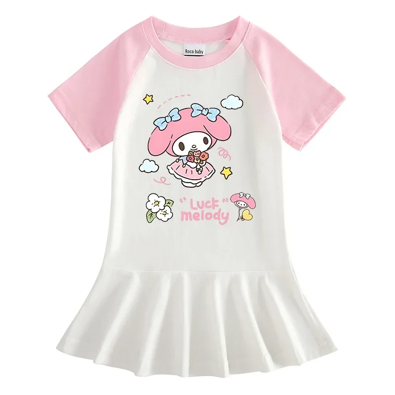 

Sanrio Melody 2023 New Summer Korean Style Children's Clothing Cartoon Half-sleeved Dress Contrasting Color Style Pleated Skirt