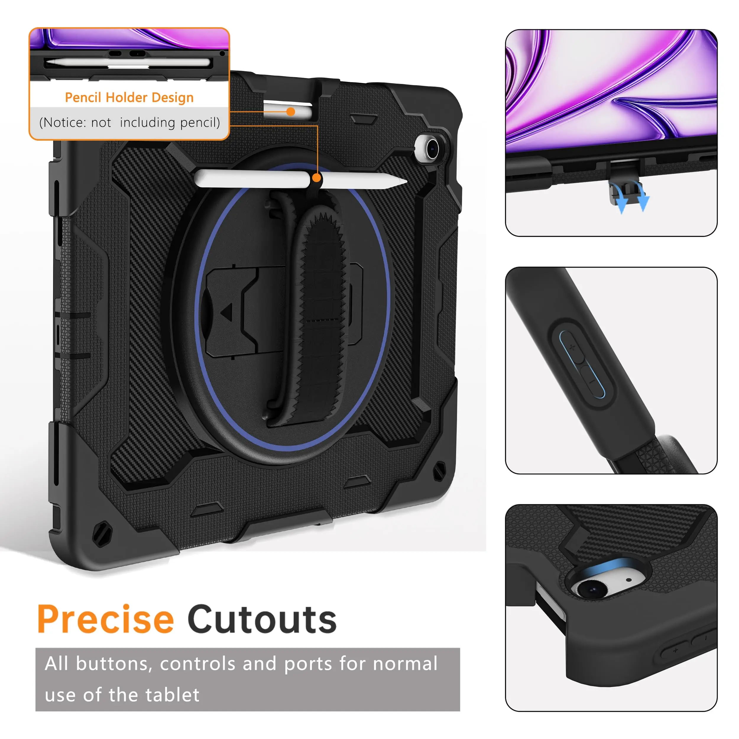 Heavy Duty Rotating Shockproof Tablet Case with Stand and Shoulder Strap - Black