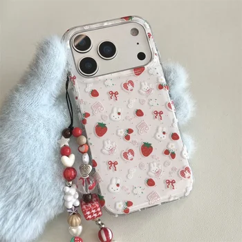 Cute Strawberry Rabbit Phone Case For iPhone 17 14 15 Pro 16 Pro Max Cover with Polka Dots Cartoon Shockproof Fundas with Hinge 1