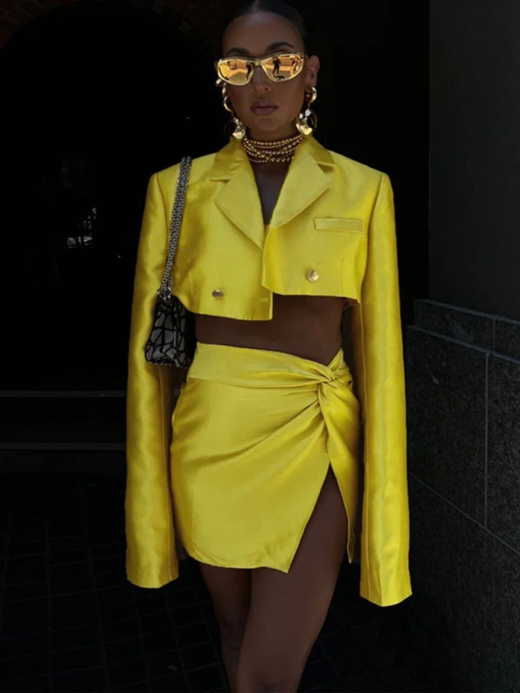 

Cozok Autumn Winter Satin Blazer Skirt Suit Women Long Sleeve Crop Blazer Top And Twist Mini Skirt 2 Pieces Set Y2K Sexy Outfits
