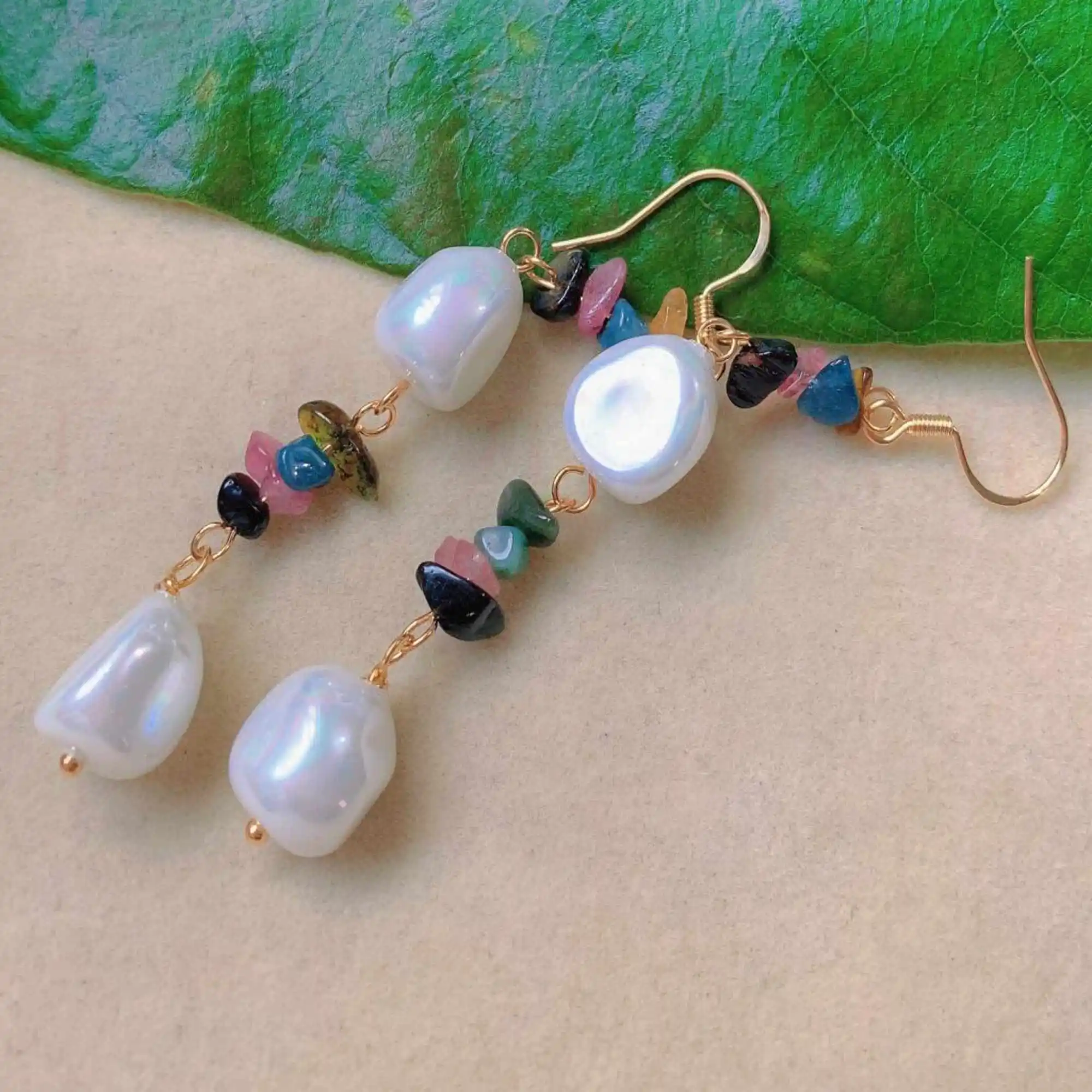 

10-11mm Natural baroque white Pearl Tourmaline gold ear hook Ear Beaded Teens Eardrop Bridal Handmade Silver