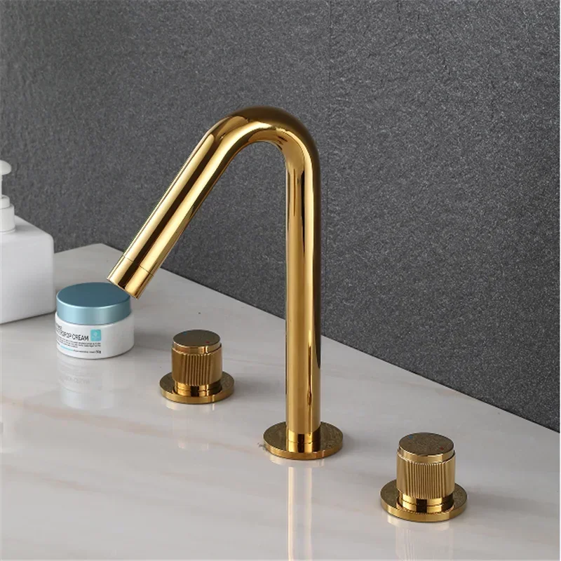 Gold Basin Faucet Brass Black Widespread Bathroom Chrome Sink 3 Hole Hot & Cold Wash Water Tap