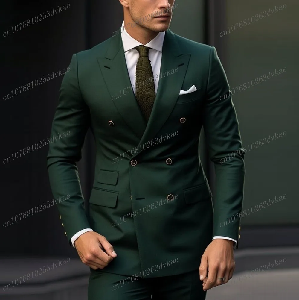 Fashion Dark Green Business Men Suit Groom Groomsman Wedding Party Prom Formal Occasion Tuxedos 2 Piece Set Blazer Pants
