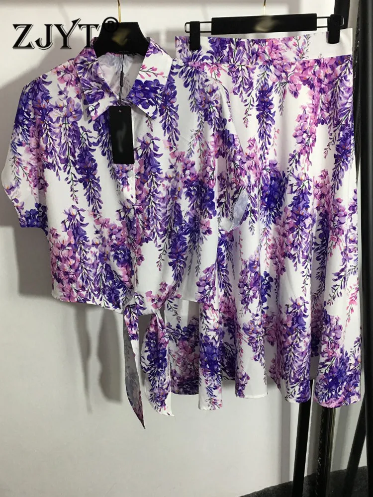Purple Floral Print Two Piece Dress Set 