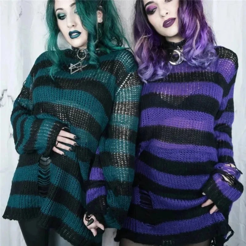 Autumn Punk Gothic Top Long  Unisex Sweater Women Striped Cool Hollow Out Hole Broken Jumper Loose Rock Thin Dark Streetwear 4