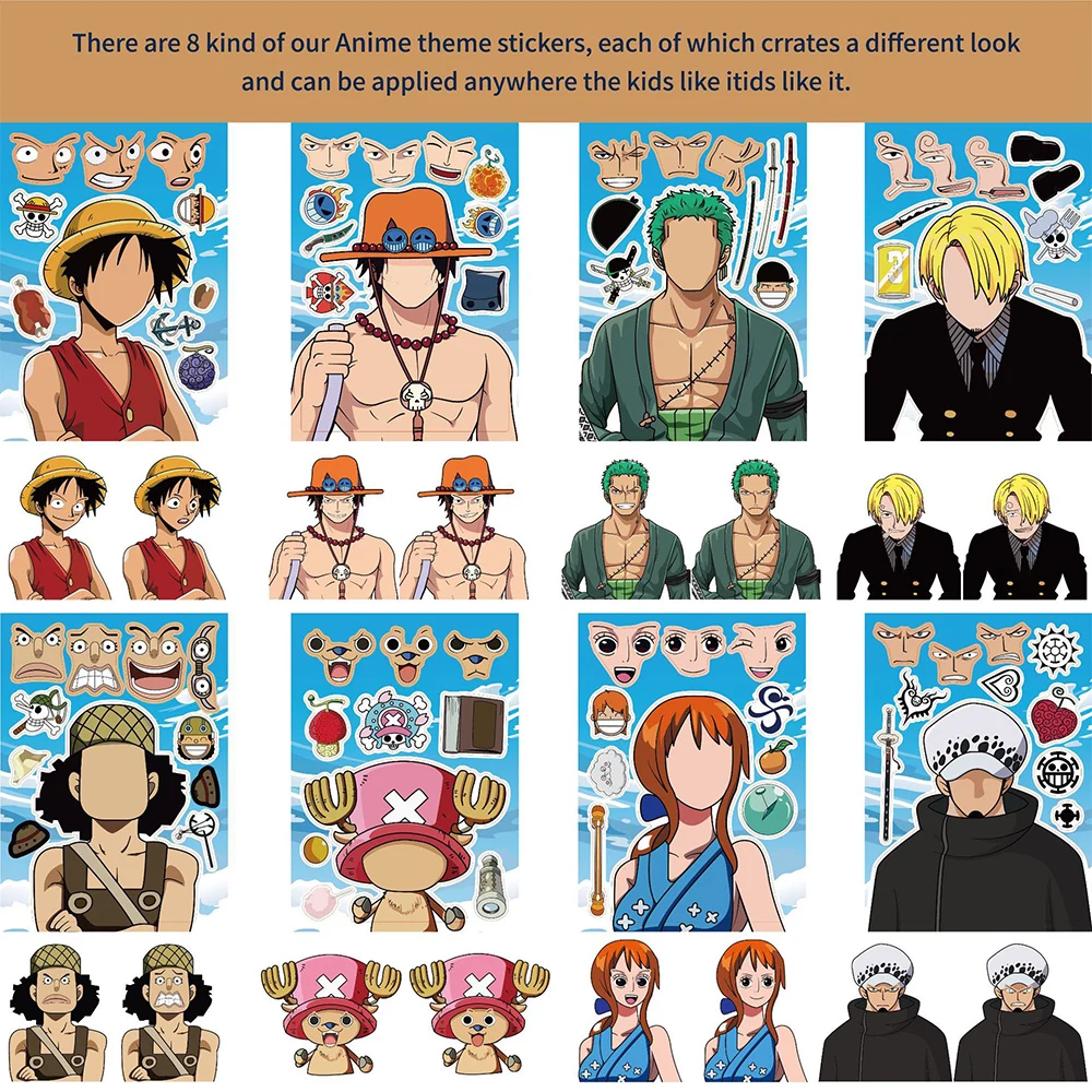 8/16Sheets ONE PIECE Make-a-Face Stickers Puzzle Anime Decals Children DIY Toys Assemble Jigsaw Education Sticker for Kids Toys