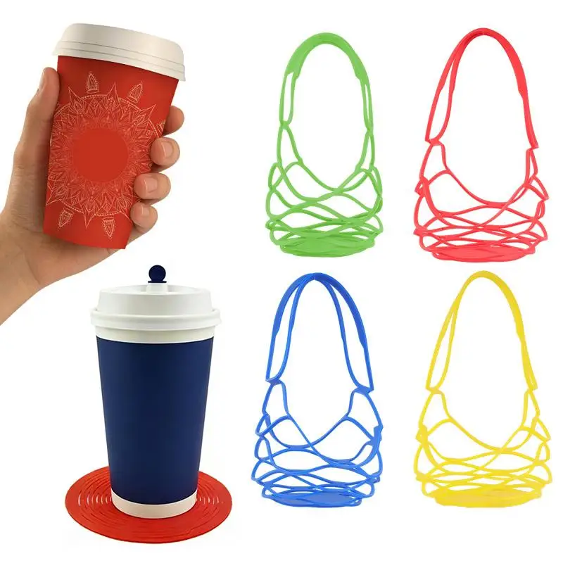 Silicone Reusable Drink Tote Bag with Cup Mat and Mesh Basket