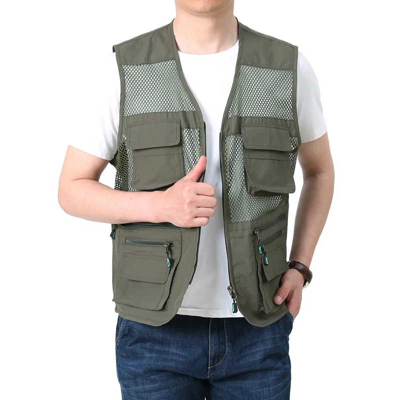 Chaleco de malla fina para deportes al aire libre, chaquetas sin mangas de bombardero Bigsize, ropa de trabajo táctica informal, chalecos de pesca para acampar, Verano