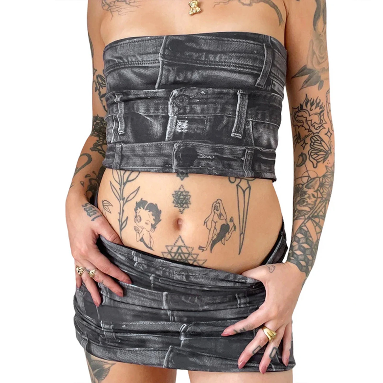 

Women Summer 2-Piece 3D Denim Print Skirts Set Strapless Tube Top Elastic Low Waist Mini Beach Skirt Clubwear