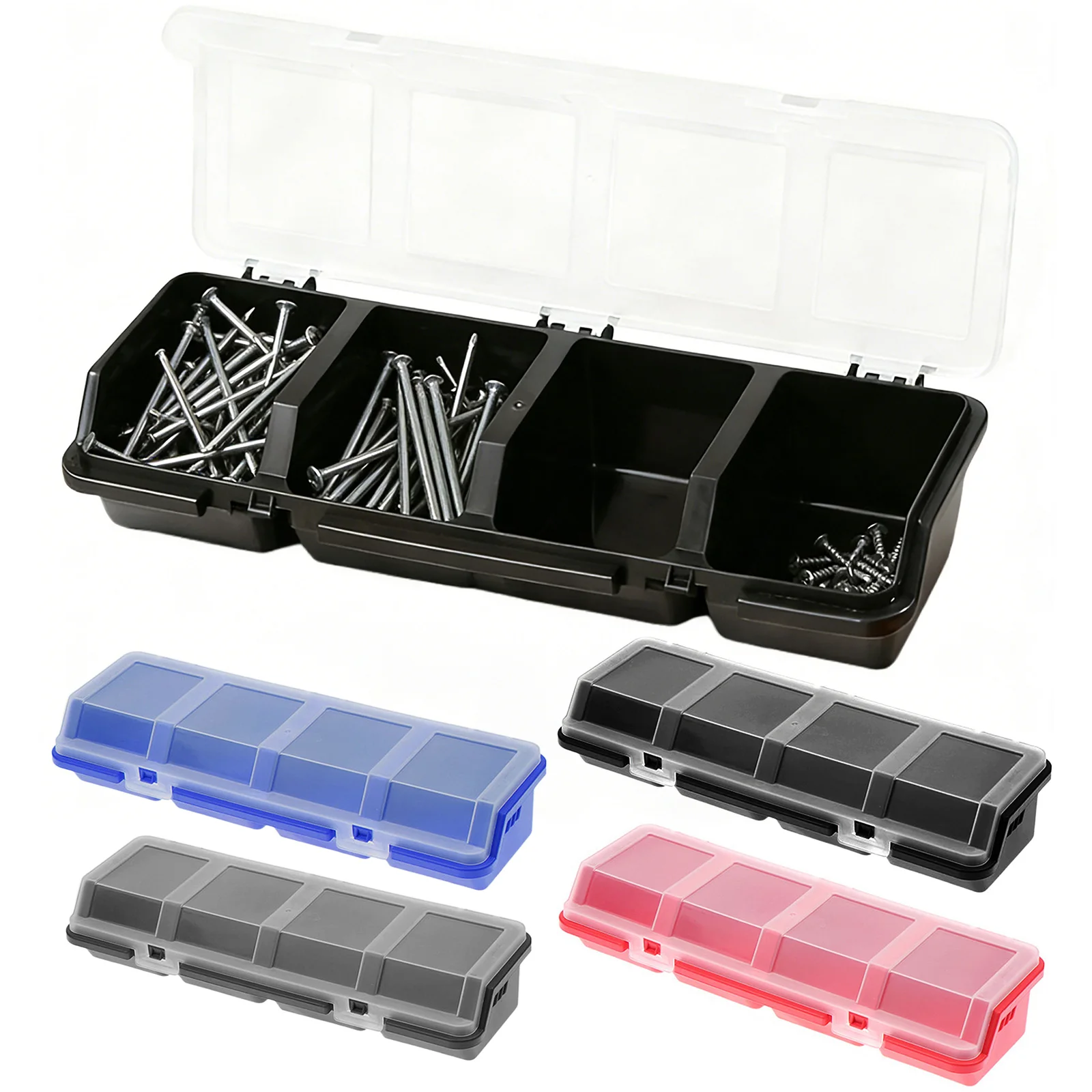 4칸 플라스틱 하드웨어 및 보석류 보관함, 나사 및 소형 부품용 경사 뚜껑이 있는 부품 보관함