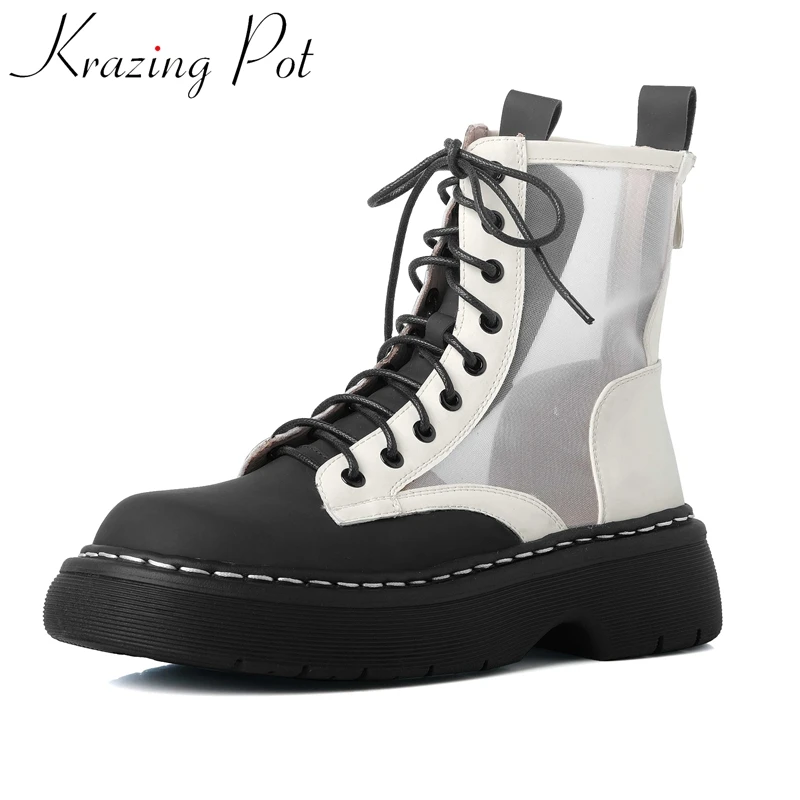 

Krazing pot microfiber round toe med heel summer boots air mesh sun protection breathable cozy cross-tied basic ankle boots L09