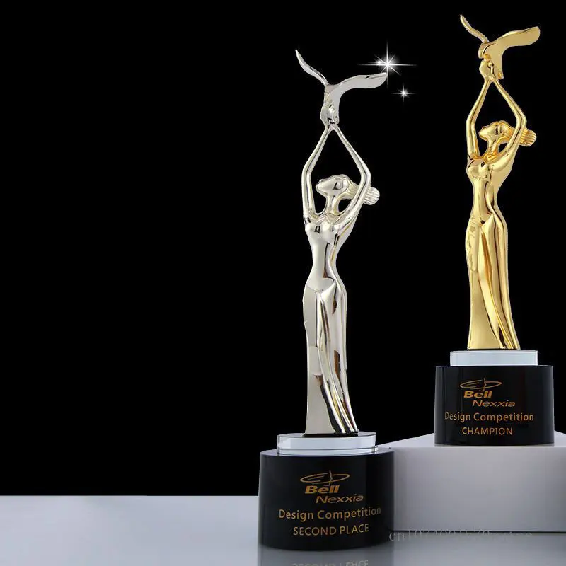 Custom Creative Metal Trophy Dance Event Award Home Decor Sculpture Zinc Alloy Gold, Silver, Copper Bottom, Black Crystal Trophy