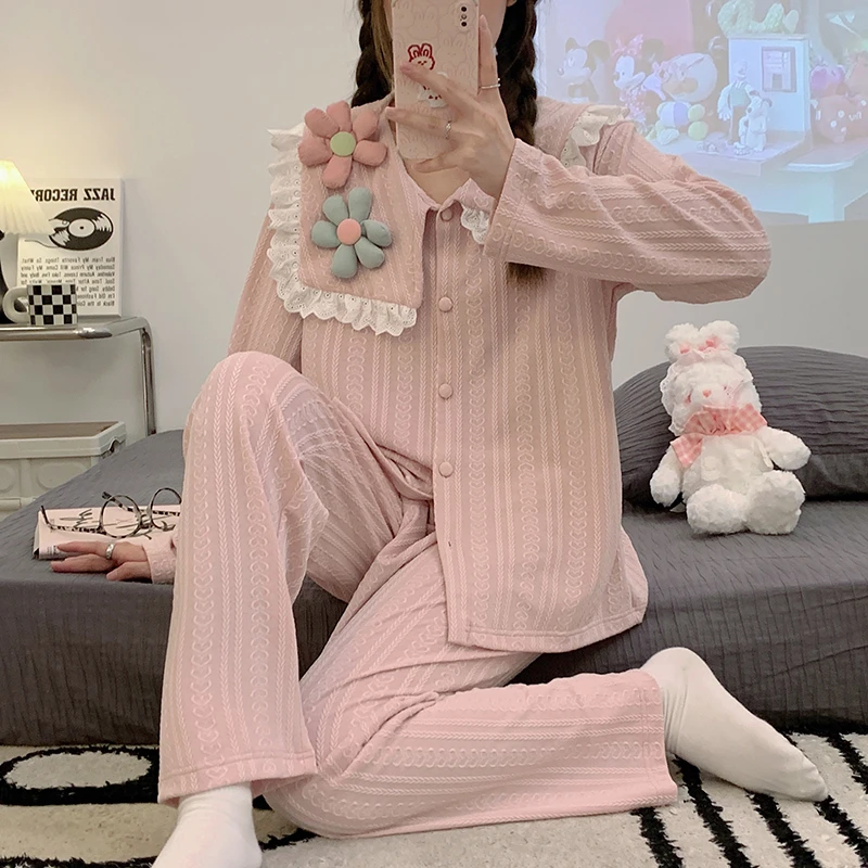 Spring pajamas women's jacquard knitted cotton long-sleeved cardigan girls' pajamas home wear Korean version solid color suit