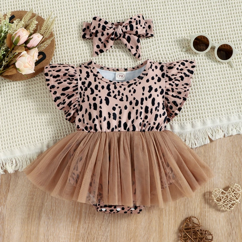

2Pcs Baby Girl Summer Outfit, Leopard Print Tulle Flying-Sleeve Romper + Hairband for Toddler, 0-12 Months