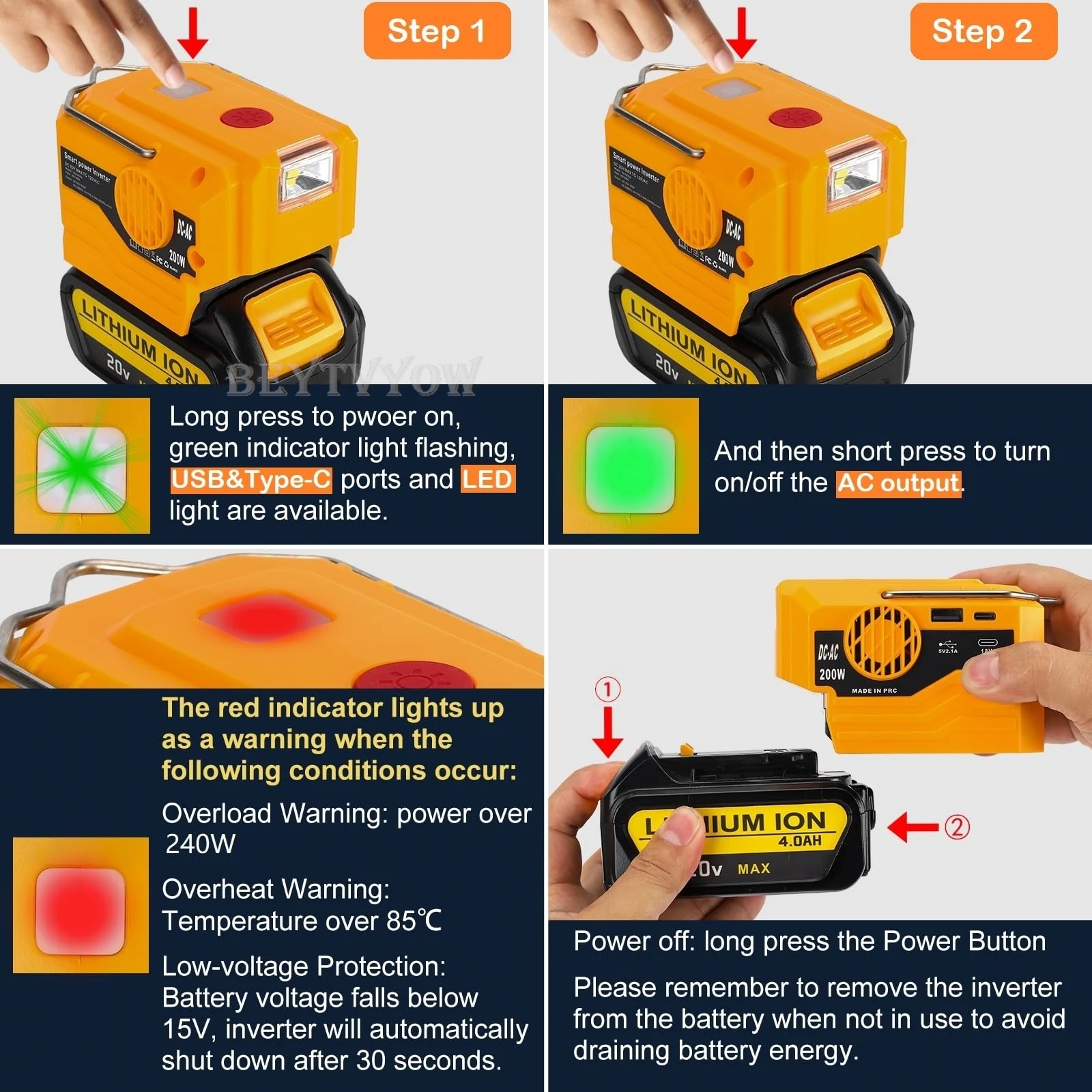 DC 20V to AC 110/220-230V Power Inverter Compatible with Dewalt 20V Max Battery