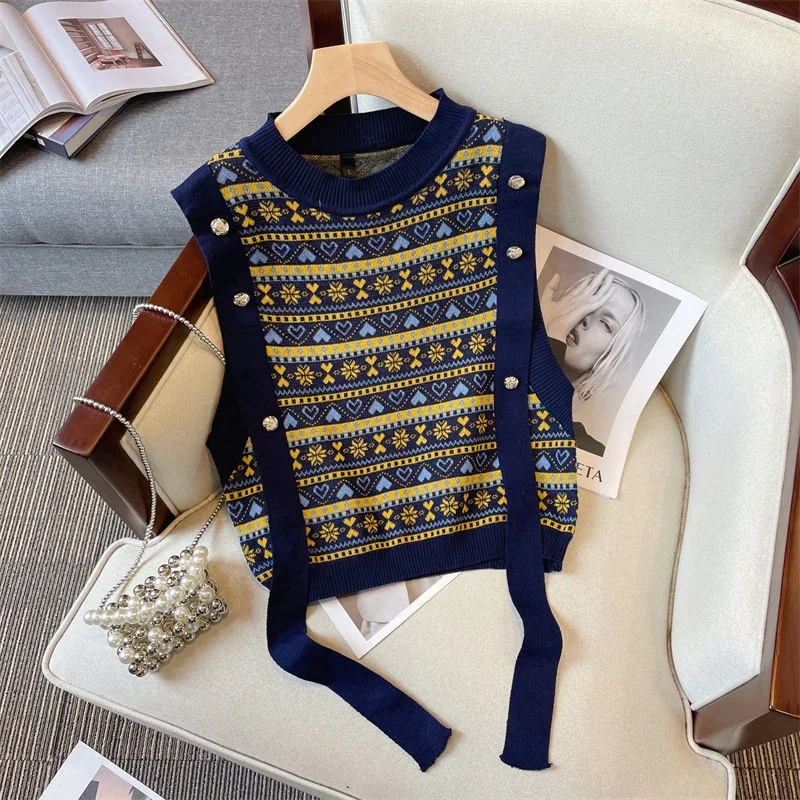 

Свитер, жилет, Женский Универсальный классический модный вязаный Ретро-жилет в стиле преппи, простой дизайн, повседневный шикарный Вязаный милый жилет,