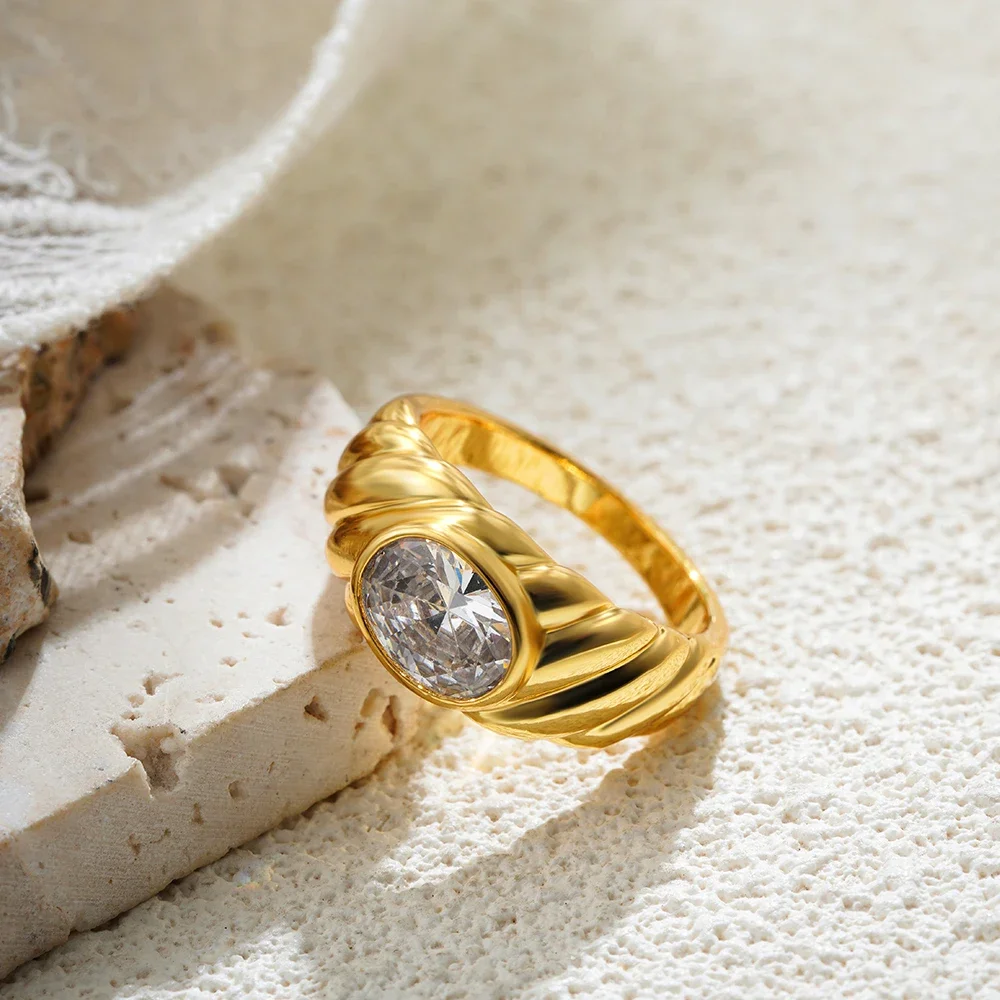 18K Gold Plated Multicolour Shining Oval Crystal Rings for Women Hypoallergenic CZ Zircon Finger Ring Vintage Jewelry Wholesale