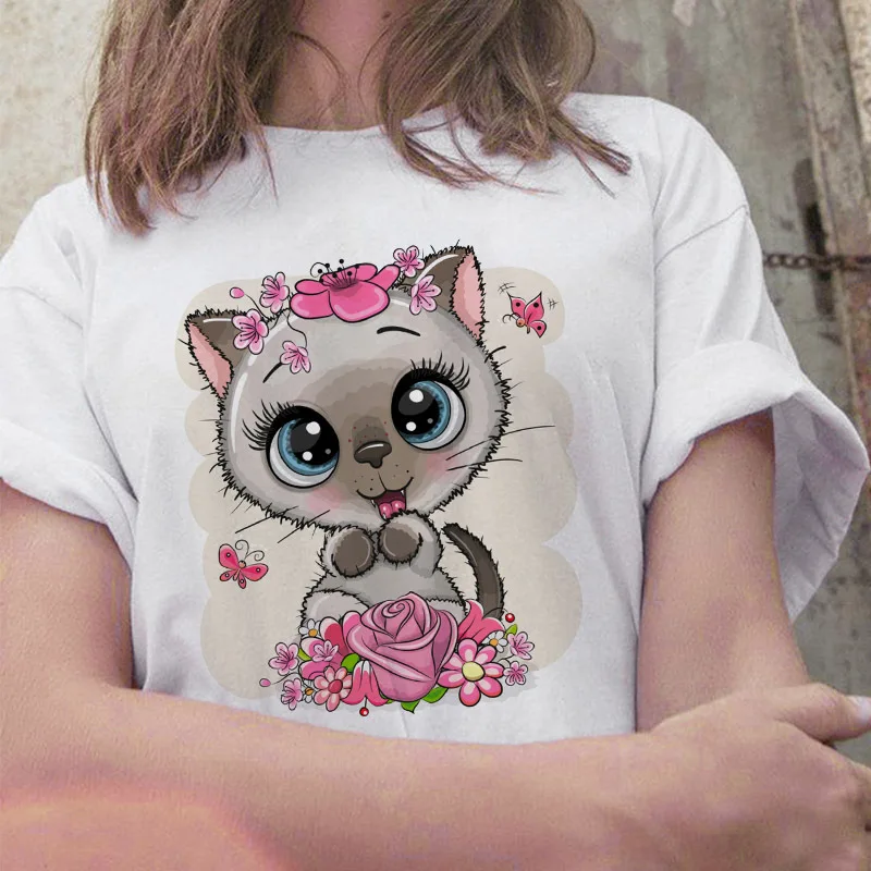 

Summer New Large Size Round Neck Casual Loose European Style Cartoon Cat Print Round Neck Short Sleeve T-shirt Blouse Aesthetic