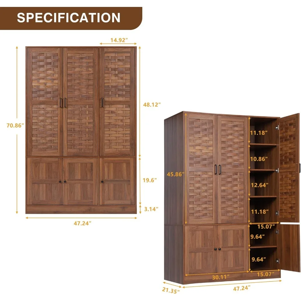 Wardrobe Closet with 6 Woven Doors, Walnut Armoire Wardrobe Cabinet for High Storage Capacity with Hanging Children's Wardrobes 3