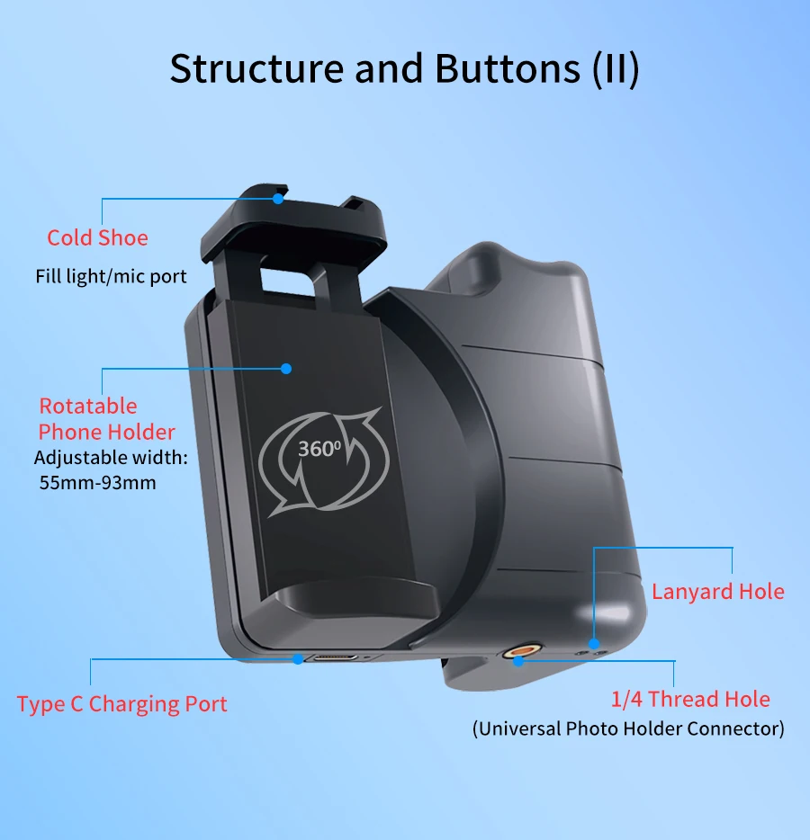 BK-CH8 Stepless Zoom for Iphone Android Phone Selfie Booster Handle Grip, Blueto