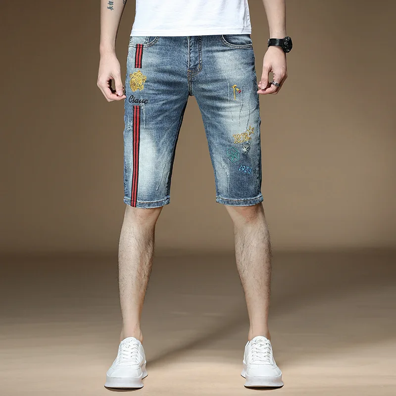 

Fashion 2022 Guy Denim Shorts Men's Summer Thin Brand Embroidery Hole Teenagers Cowboy Short Pants Streetwear Jeans for Men