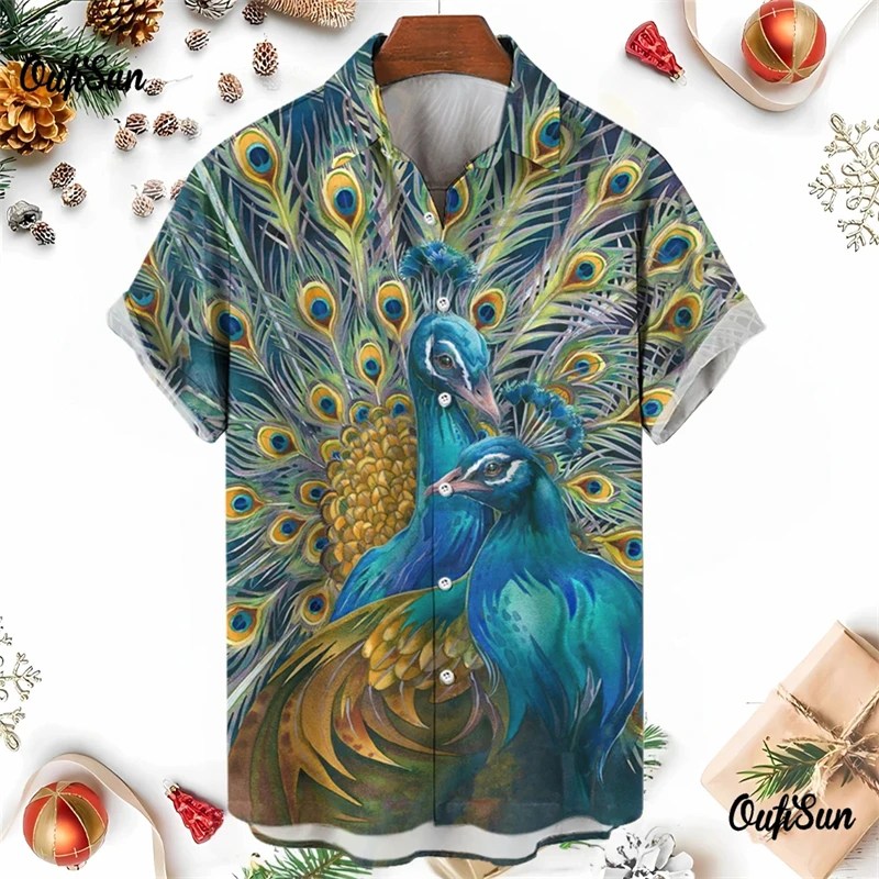 Animal Peafowl Short Sleeve Shirts For Men Casual Clothes Hawaiian Animal Maurya Blouses Pavo Muticus Feather Lapel Blouse Tops