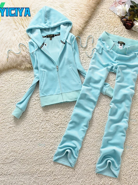 YICIYA TRACKSUIT hoodies Velvet Zipper Sweatshirt And Pants Winter women velour Pant Suit Hoodies Zipper Rhinestone velour suits LIGHT BLUE SET
