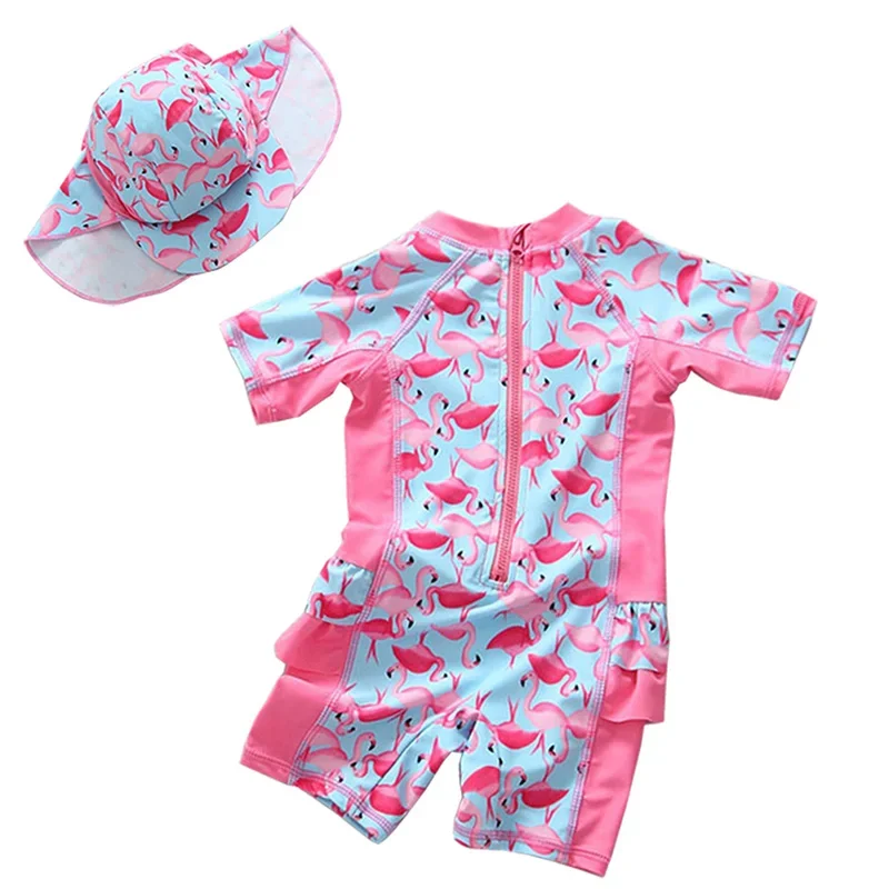 

Cartoon Shark Swimsuit Boys Girls Kids UV UPF50+ Pink Flamingo Rabbit Swimwear with Hat Bathing Surfing Suits for Little Girl 2T