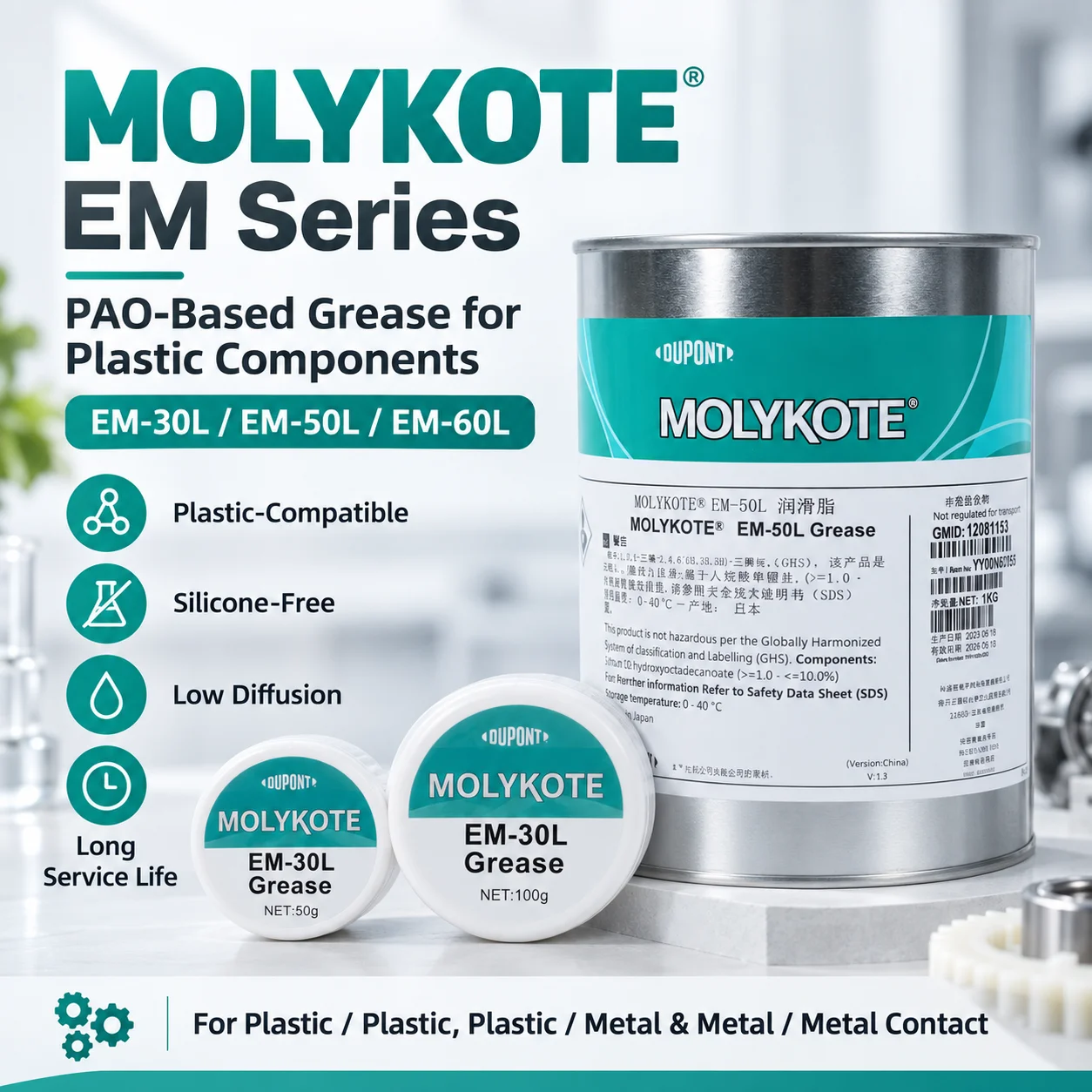 Dow Corning Molykote EM-30L EM-50L EM-60L Schmierfett, weißes Lithiumfett auf PAO-Basis, geeignet für die meisten Kunststoffe