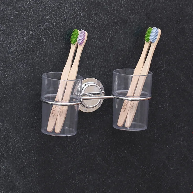 Stainless Steel Bathroom Cup Holder Wall Mounted Sucker Storage Shelf Toothbrush Toothpaste Cups Rack for Bathroom Accessories
