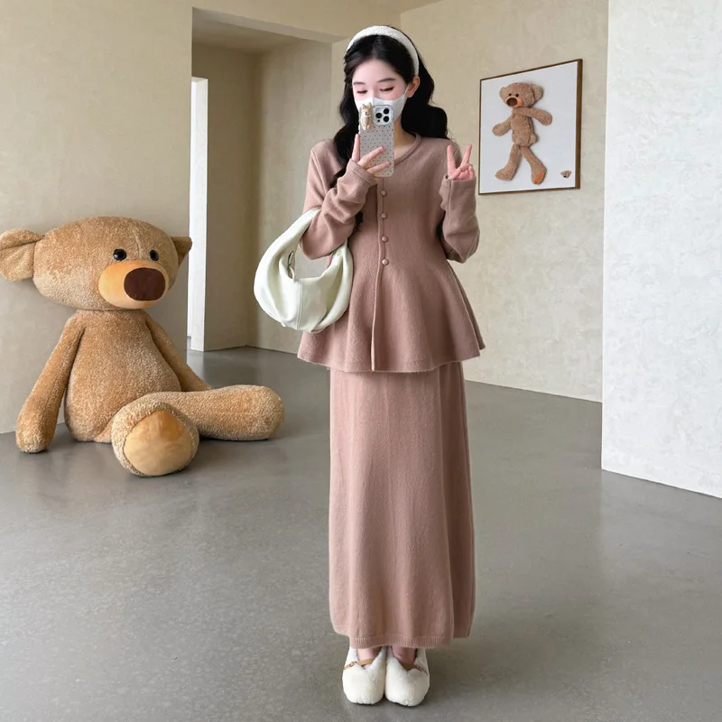 출산복 가을 겨울 빈티지 우아하고 부드러운 루즈핏 편안한 스웨터와 미디 스커트 투피스 세트 (임산부용)