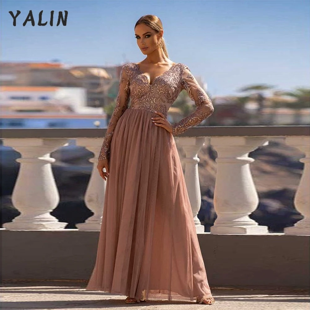 

YALIN Blush Powder High Split Evening Dresses Long Sleeves Sequined V Neck Birthday Party Dress Pageant Gown Robe De Soiree