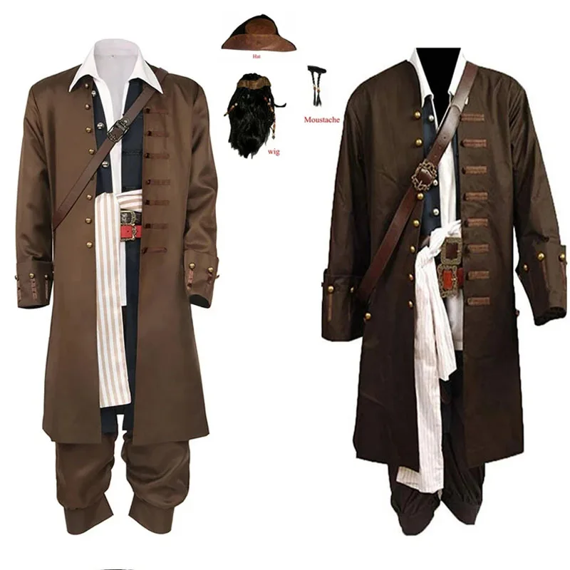 Movie Pirates Cosplay Costume Wig Shoes Set Halloween Male Cosplay Costume